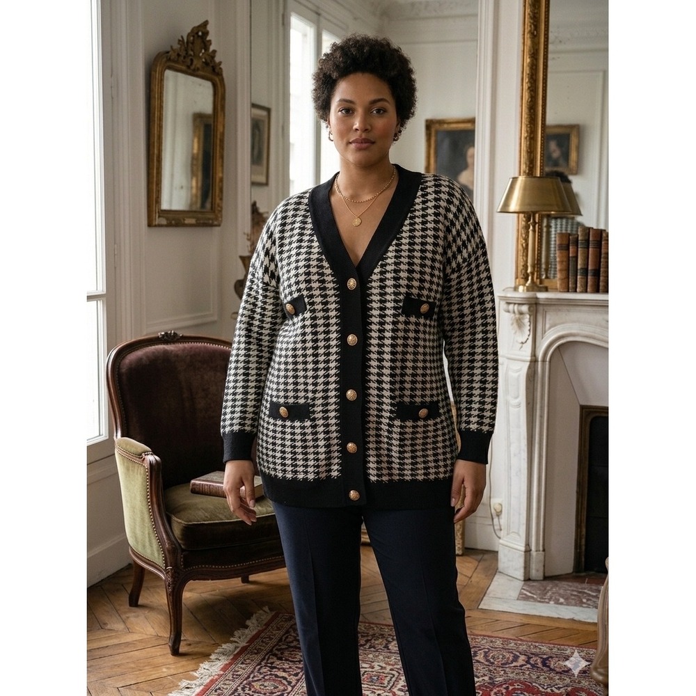 Old money aesthetic dark academia Houndstooth Cardigan Sweater Nautical Buttons